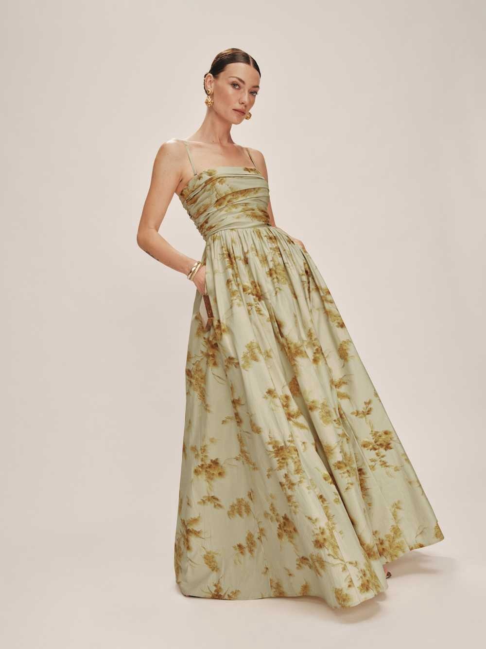 Reformation Green Floral Golden Hour Kastoria Convertible Maxi Gown - US 6